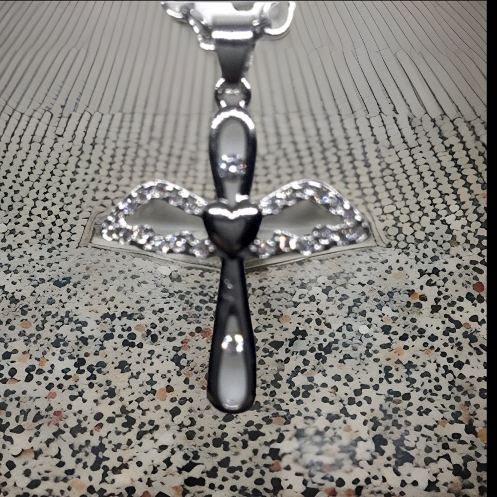 Angel Cross Wings Diamond In The 🔝 & ⬇️ Of Angel W/❤️ In Center S925 Necklace